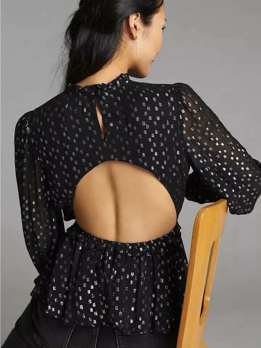 Anthropologie Porridge Black Metallic Dot Open-Back Peplum Blouse XL